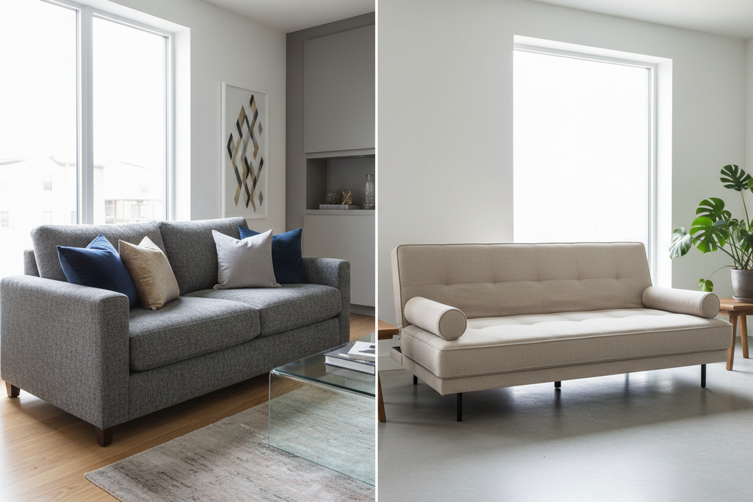 Side-by-side comparison of modern gray sleeper sofa and beige futon in guest room settings showing convertible furniture options for overnight guests and small spaces